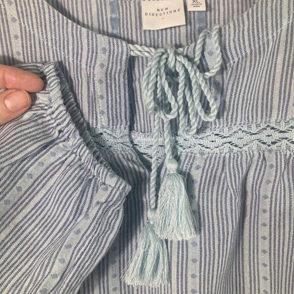 Womens New Directions Boho Striped Tunic Tie Neck Long Sleeve XL Blue Cotton Lyo - Picture 3 of 9